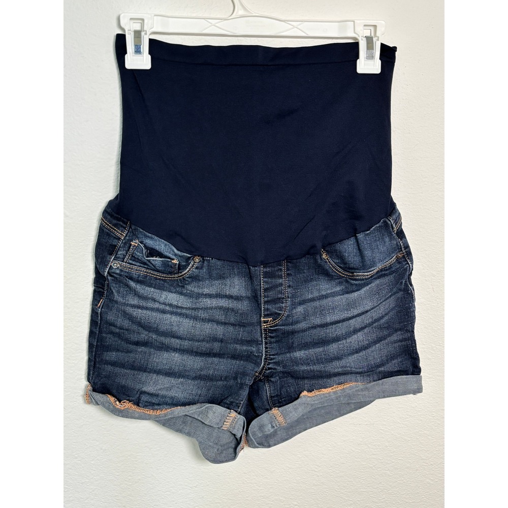 Bella Vida Maternity Dark Wash Cuffed Denim Shorts Full Belly Panel Size M
